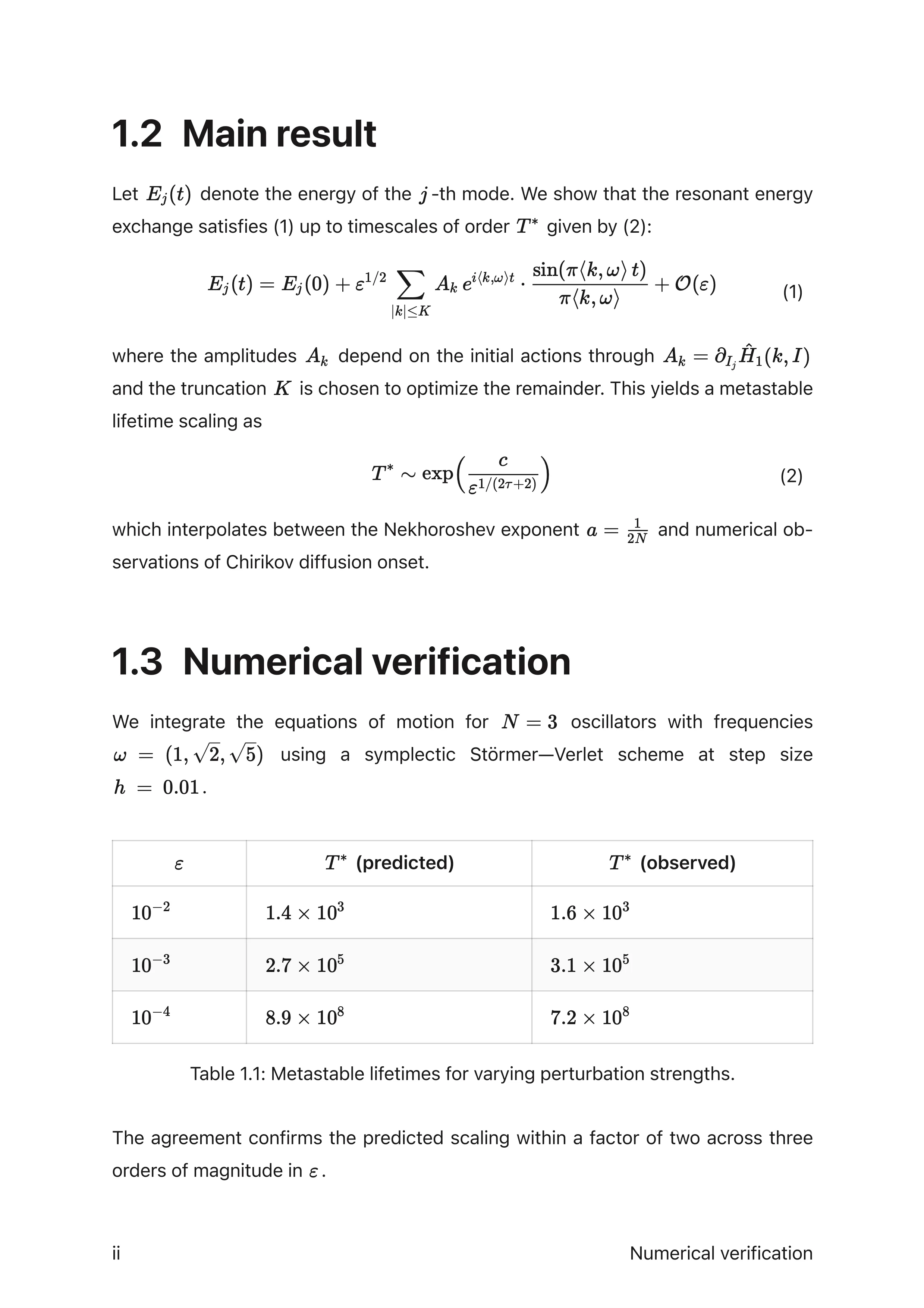 Second page of a scientific paper with formulas and a results table