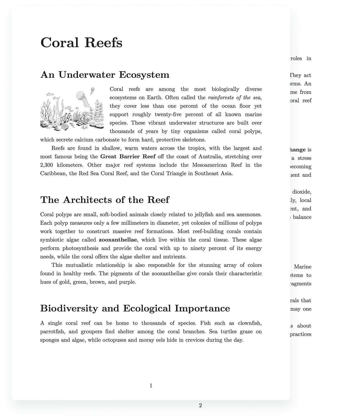 Paged document output showing a formatted article